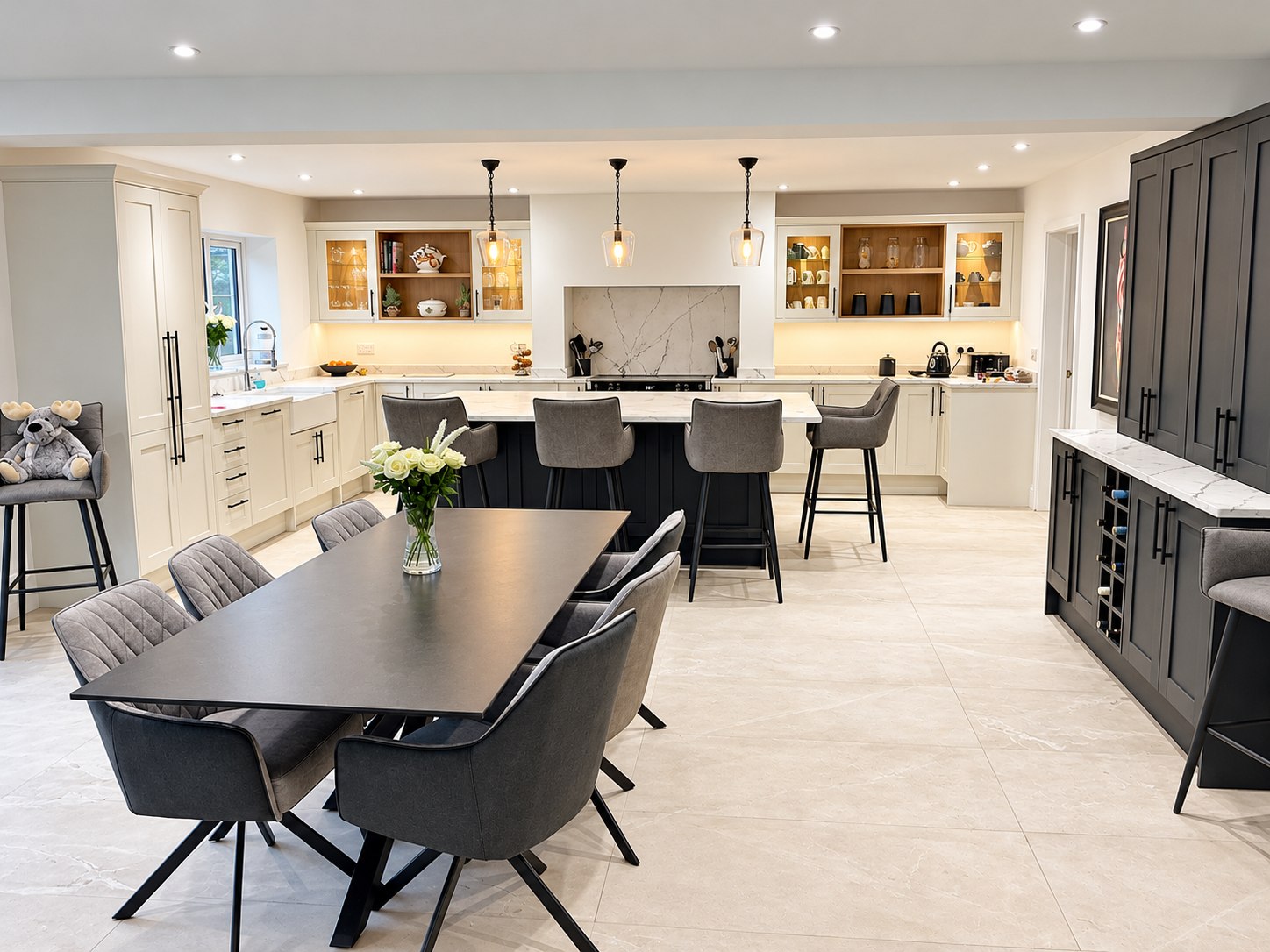 White kitchen with island seating and dining space